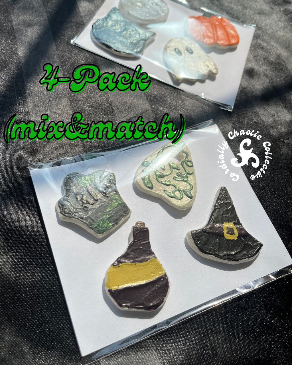 A 4-pack of hand-crafted halloween-themed fridge magnets, displayed on a dark textured fabric background with green text overlay reading '4-Pack (mix&match)'.