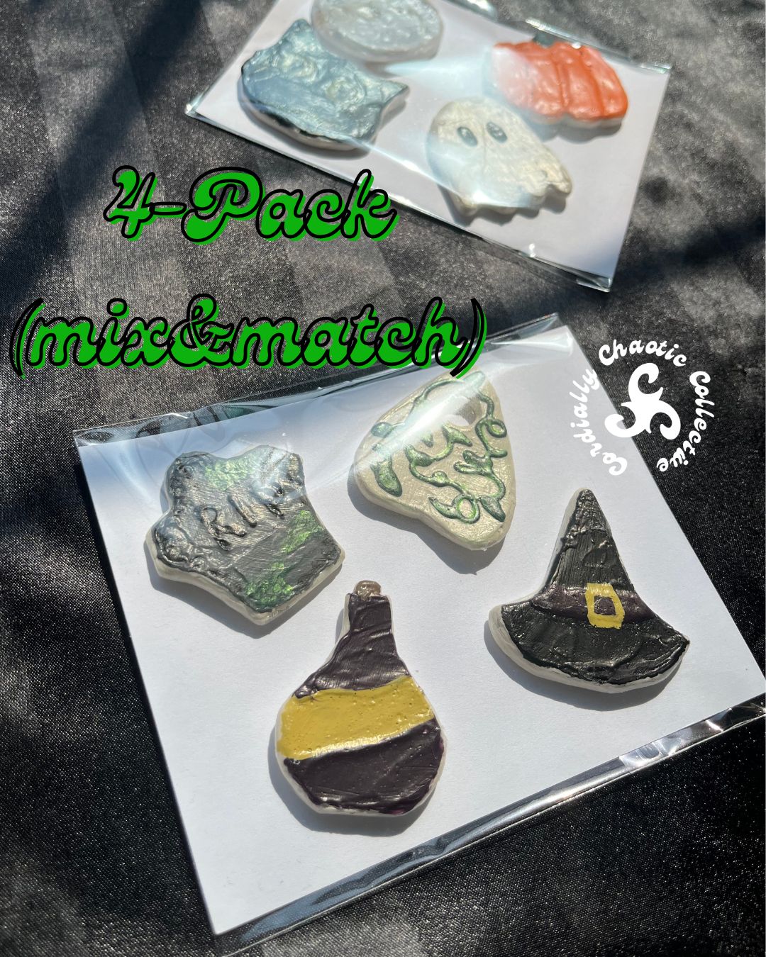 A 4-pack of hand-crafted halloween-themed fridge magnets, displayed on a dark textured fabric background with green text overlay reading '4-Pack (mix&match)'.